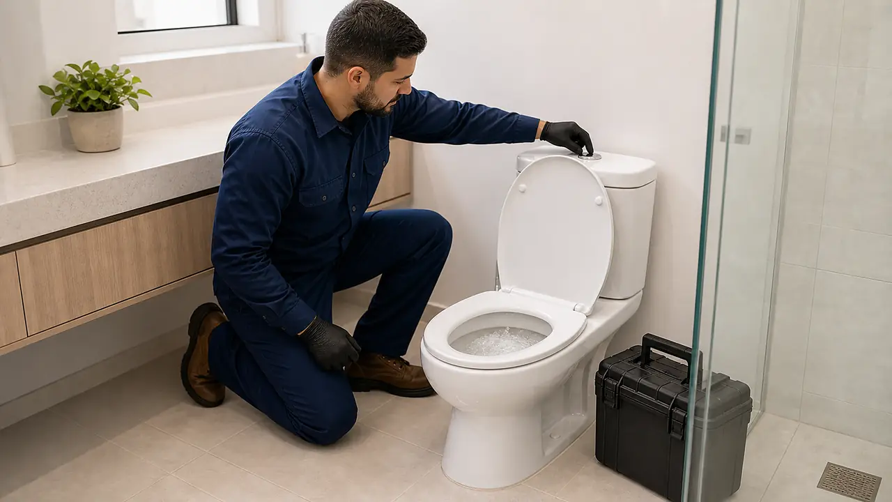 Profissional da Desentupidora 24h Londrina orientando sobre desentupimento de vaso sanitário